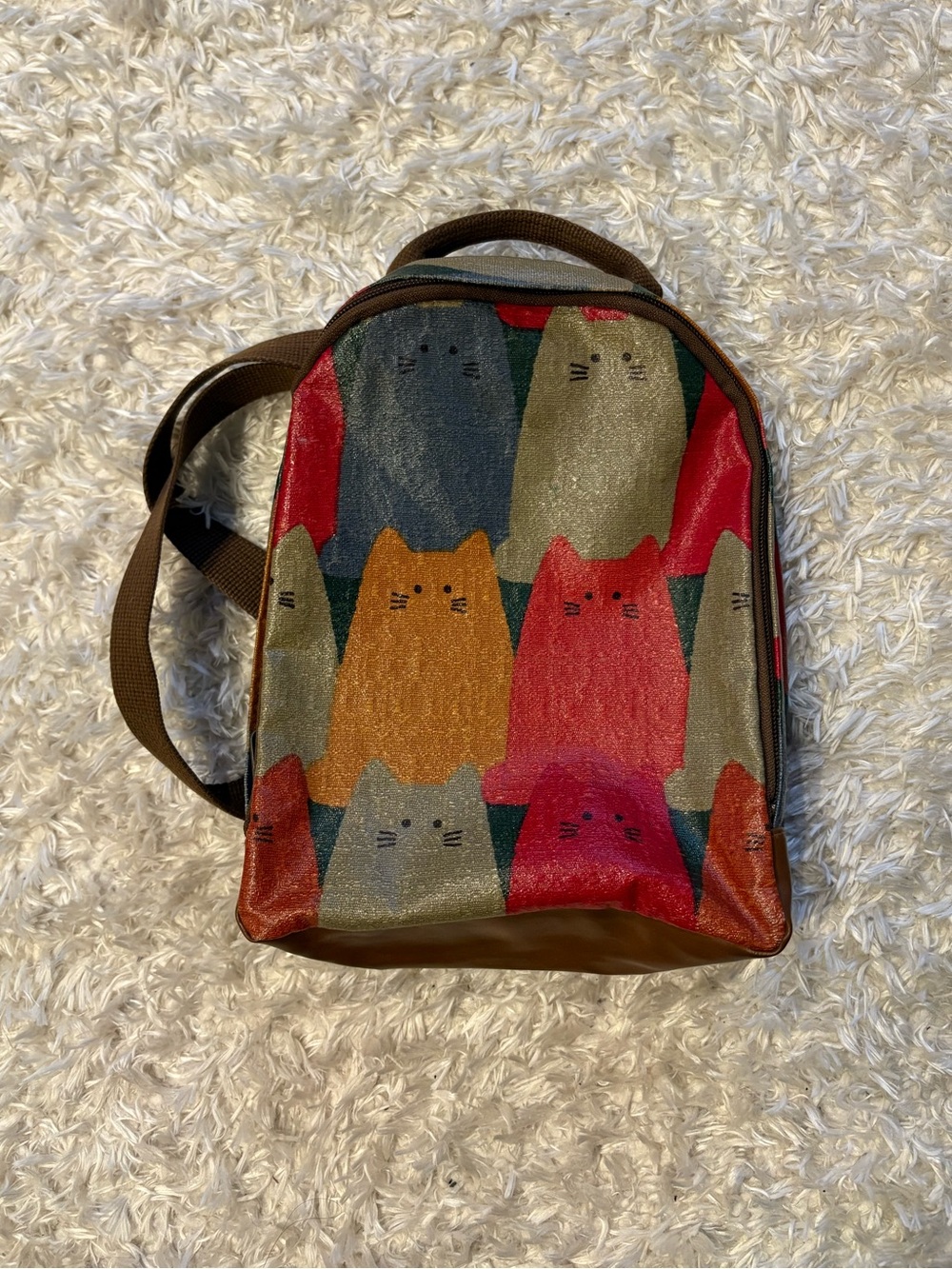 Vintage Cat Pattern Multicolor Brown Cat Lover Small Book bag Backpack Carry Bag